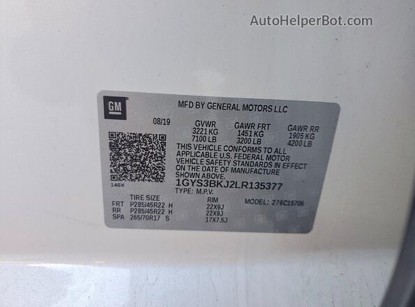 1GYS3BKJ2LR135377 2020 CADILLAC ESCALADE White VIN კოდის სტიკერის ხედი