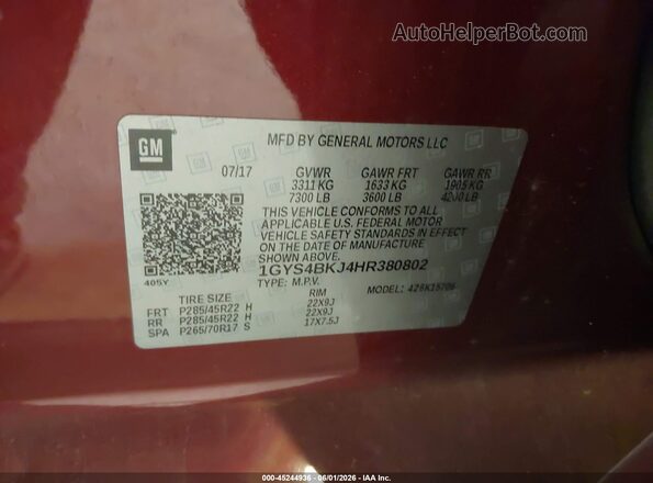 1GYS4BKJ4HR380802 2017 CADILLAC ESCALADE Red Вид підкапотного простору