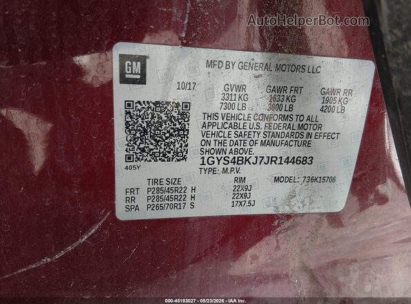 1GYS4BKJ7JR144683 2018 CADILLAC ESCALADE Red Вид підкапотного простору