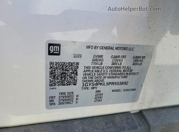 1GYS4PKL5PR553692 2023 CADILLAC ESCALADE White Vista de la etiqueta del VIN