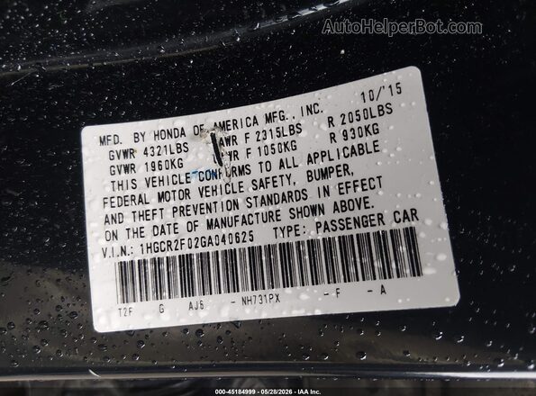 1HGCR2F02GA040625 2016 HONDA ACCORD Black Widok komory silnika