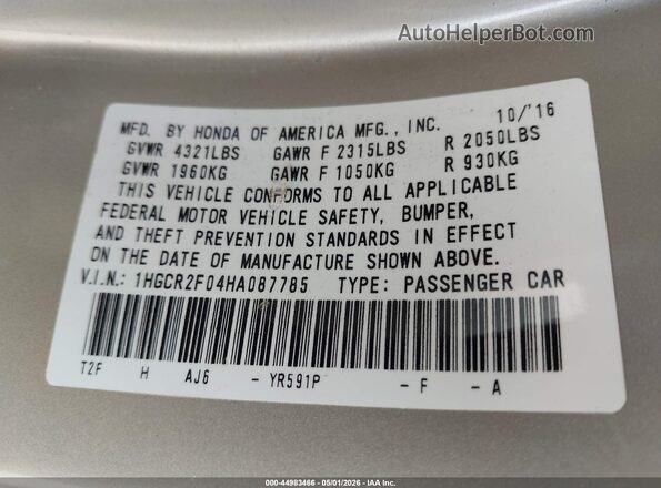 1HGCR2F04HA087785 2017 HONDA ACCORD Beige Engine compartment view