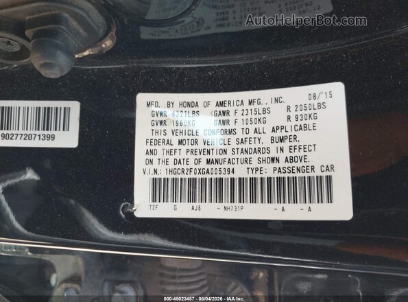 1HGCR2F0XGA005394 2016 HONDA ACCORD Black Engine compartment view