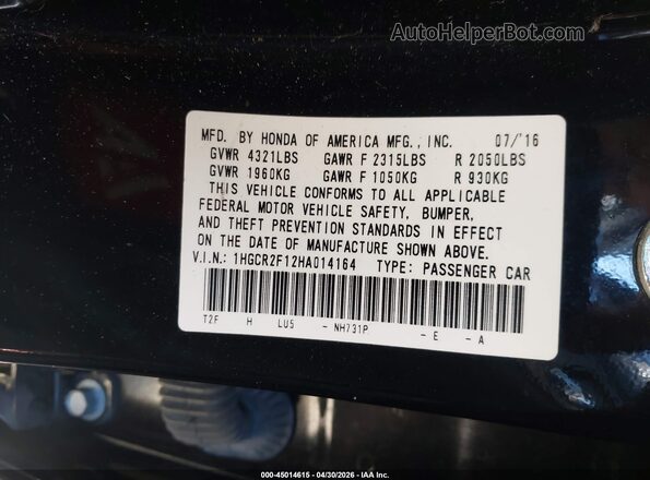 1HGCR2F12HA014164 2017 HONDA ACCORD Black Vista del compartimento del motor
