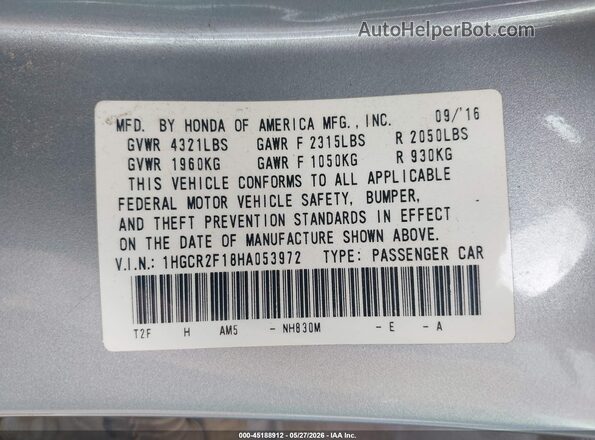 1HGCR2F18HA053972 2017 HONDA ACCORD Silver Vista del compartimento del motor
