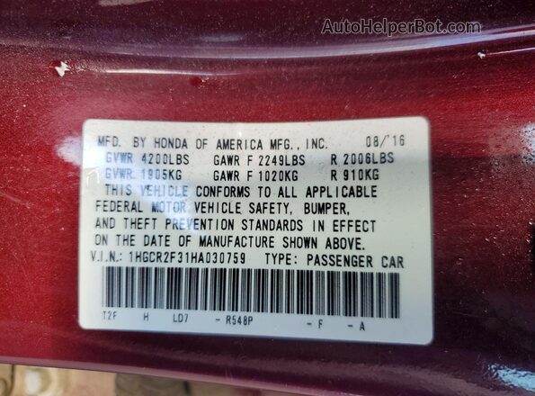 1HGCR2F31HA030759 2017 HONDA ACCORD Burgundy 