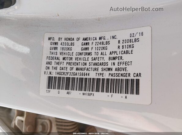 1HGCR2F32GA156644 2016 HONDA ACCORD White Շարժիչի բաժամունքի տեսք