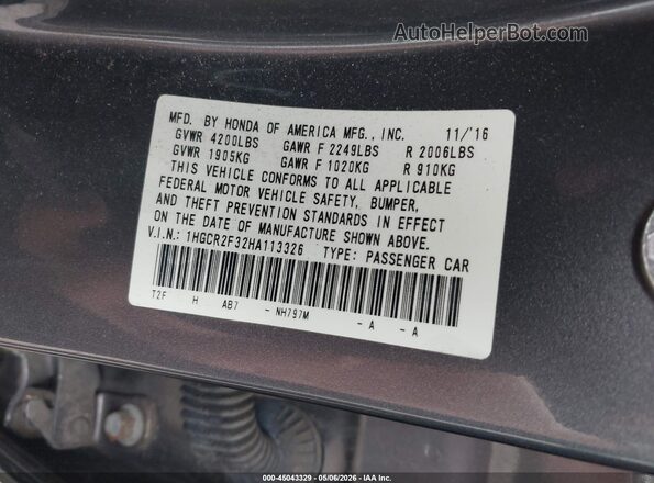1HGCR2F32HA113326 2017 HONDA ACCORD Gray 