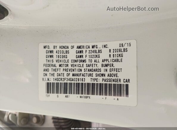 1HGCR2F34GA028163 2016 HONDA ACCORD White ძრავის განყოფილების ხედი