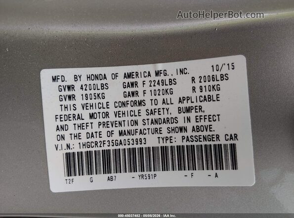 1HGCR2F35GA053993 2016 HONDA ACCORD Cream ძრავის განყოფილების ხედი