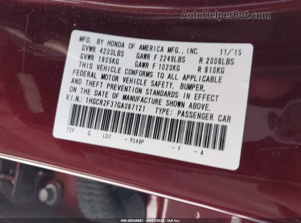 1HGCR2F37GA067121 2016 HONDA ACCORD Burgundy Շարժիչի բաժամունքի տեսք