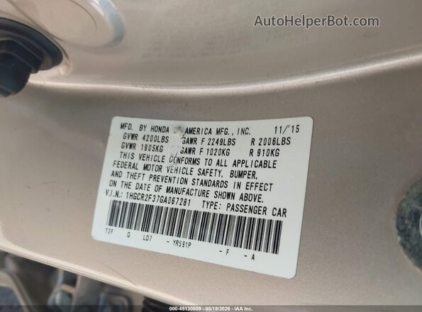 1HGCR2F37GA067281 2016 HONDA ACCORD Beige Widok komory silnika