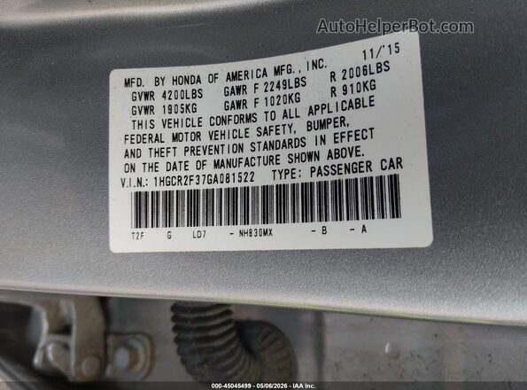 1HGCR2F37GA081522 2016 HONDA ACCORD Silver Widok komory silnika