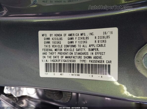 1HGCR2F37GA229569 2016 HONDA ACCORD Black ძრავის განყოფილების ხედი