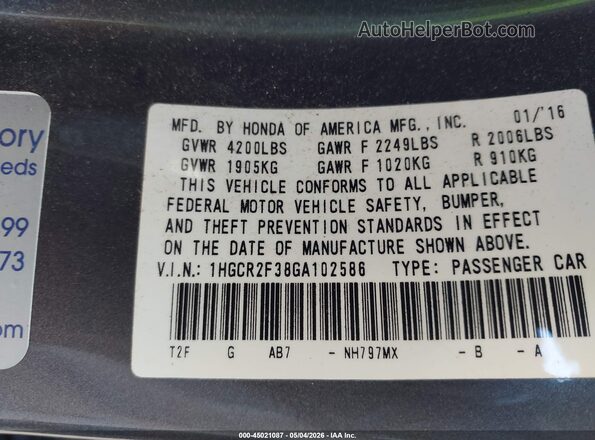 1HGCR2F38GA102586 2016 HONDA ACCORD Silver Вид підкапотного простору