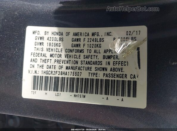 1HGCR2F38HA175507 2017 HONDA ACCORD Gray Vista del compartimento del motor