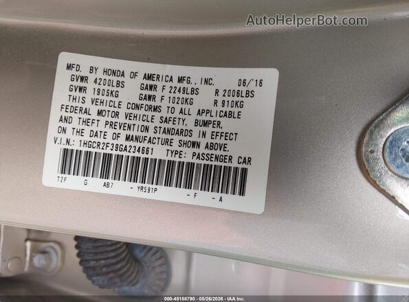 1HGCR2F39GA234661 2016 HONDA ACCORD Gold Engine compartment view