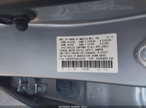1HGCR2F40GA053294 2016 HONDA ACCORD Серебряный Вид подкапотного пространства