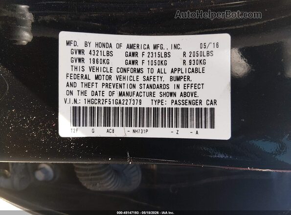 1HGCR2F51GA227379 2016 HONDA ACCORD Черный Вид подкапотного пространства