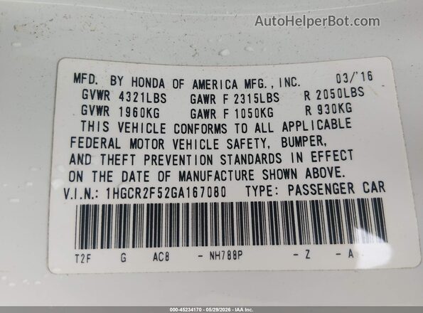 1HGCR2F52GA167080 2016 HONDA ACCORD White Շարժիչի բաժամունքի տեսք