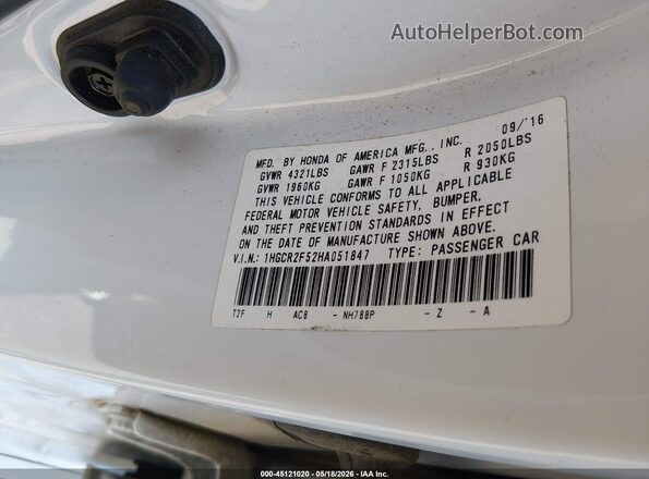 1HGCR2F52HA051847 2017 HONDA ACCORD White Вид підкапотного простору