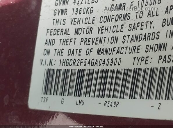 1HGCR2F54GA040900 2016 HONDA ACCORD Burgundy Вид підкапотного простору