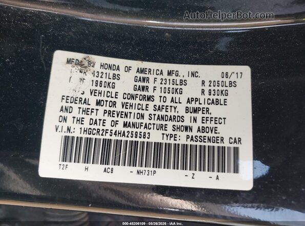 1HGCR2F54HA259583 2017 HONDA ACCORD Black Շարժիչի բաժամունքի տեսք