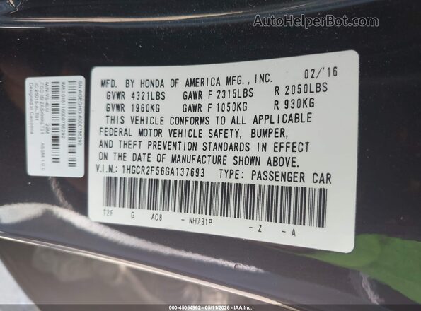 1HGCR2F56GA137693 2016 HONDA ACCORD Black Vista del compartimento del motor