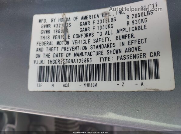 1HGCR2F56HA139865 2017 HONDA ACCORD Gray Vista del compartimento del motor