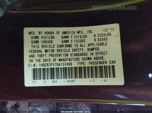 1HGCR2F57GA100488 2016 HONDA ACCORD Maroon 