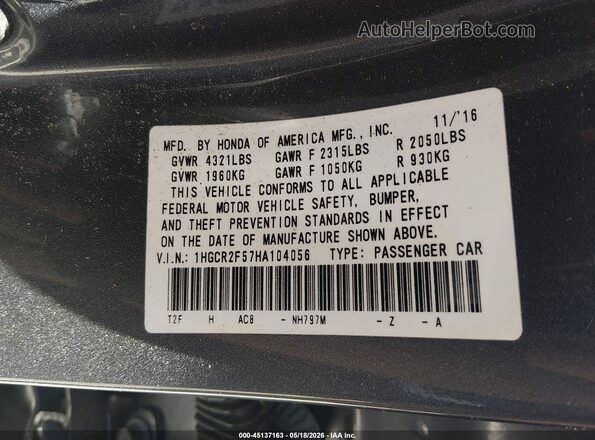 1HGCR2F57HA104056 2017 HONDA ACCORD Gray Vista del compartimento del motor