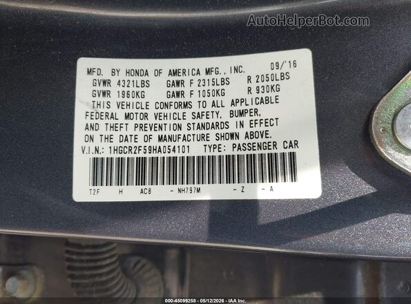 1HGCR2F59HA054101 2017 HONDA ACCORD Серый Вид подкапотного пространства