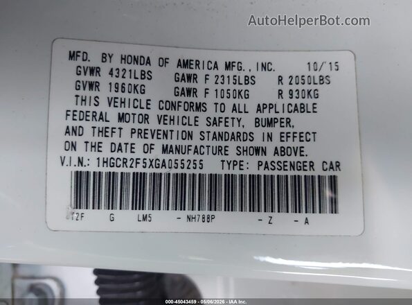 1HGCR2F5XGA055255 2016 HONDA ACCORD White 