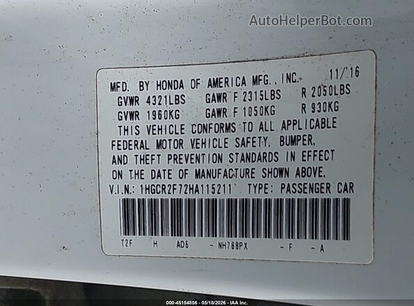 1HGCR2F72HA115211 2017 HONDA ACCORD White 