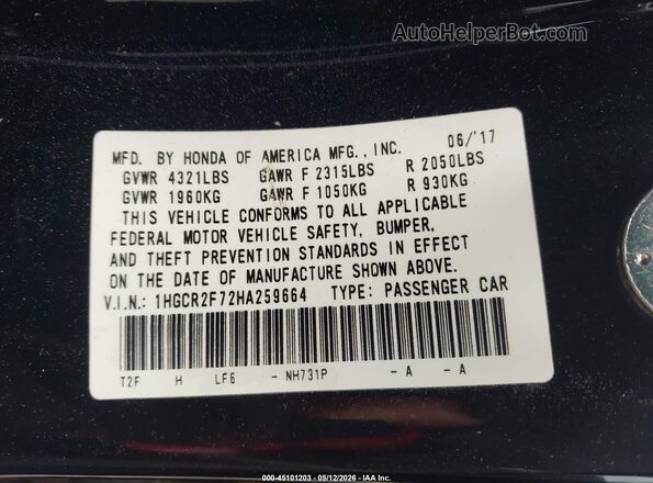 1HGCR2F72HA259664 2017 HONDA ACCORD Black ძრავის განყოფილების ხედი