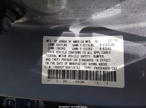1HGCR2F76GA108762 2016 HONDA ACCORD Silver 