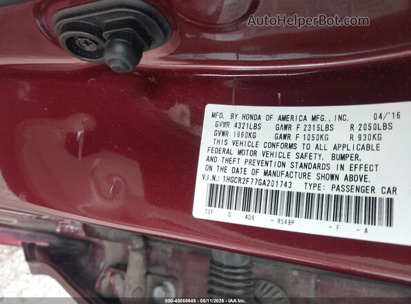 1HGCR2F77GA201743 2016 HONDA ACCORD Maroon Engine compartment view