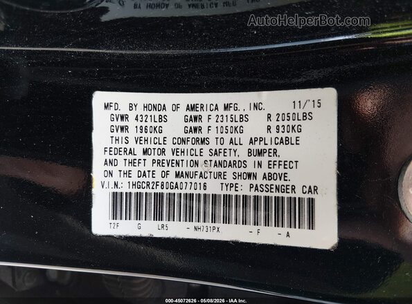 1HGCR2F80GA077016 2016 HONDA ACCORD Black Engine compartment view