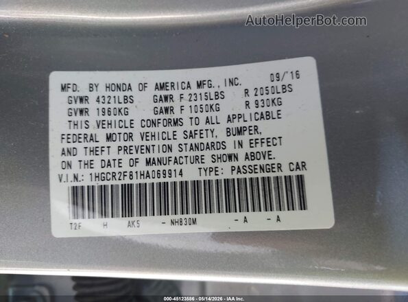 1HGCR2F81HA069914 2017 HONDA ACCORD Silver Вид підкапотного простору