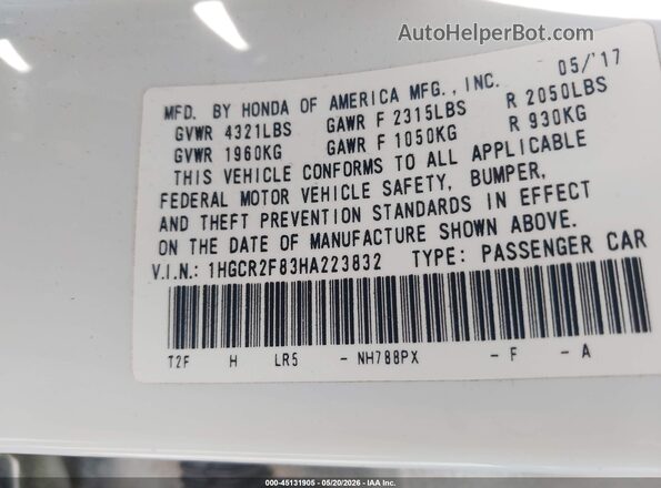 1HGCR2F83HA223832 2017 HONDA ACCORD White Вид підкапотного простору