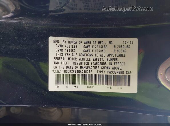 1HGCR2F84GA086737 2016 HONDA ACCORD Blue ძრავის განყოფილების ხედი