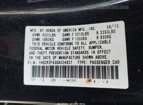 1HGCR2F85GA004837 2016 HONDA ACCORD Black Widok komory silnika
