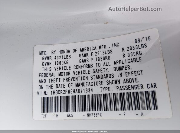 1HGCR2F86HA071934 2017 HONDA ACCORD White Engine compartment view