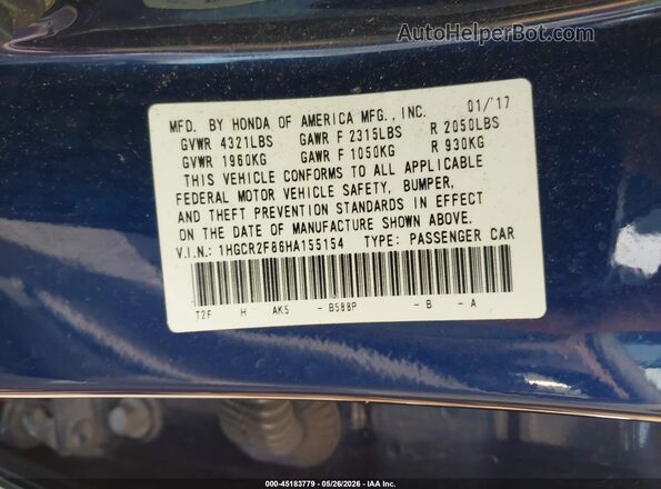 1HGCR2F86HA155154 2017 HONDA ACCORD Blue 