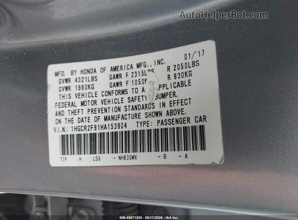 1HGCR2F91HA153904 2017 HONDA ACCORD Серебряный 