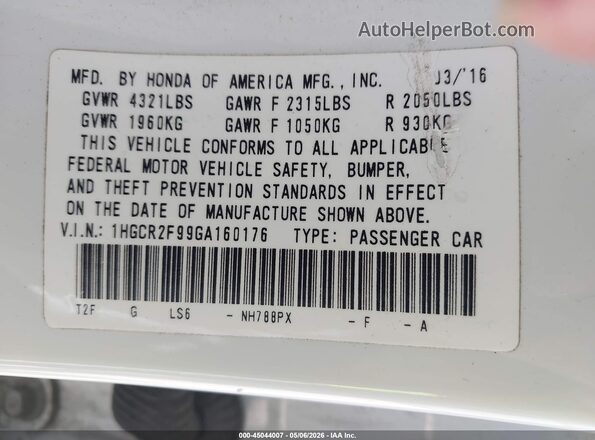 1HGCR2F99GA160176 2016 HONDA ACCORD White 
