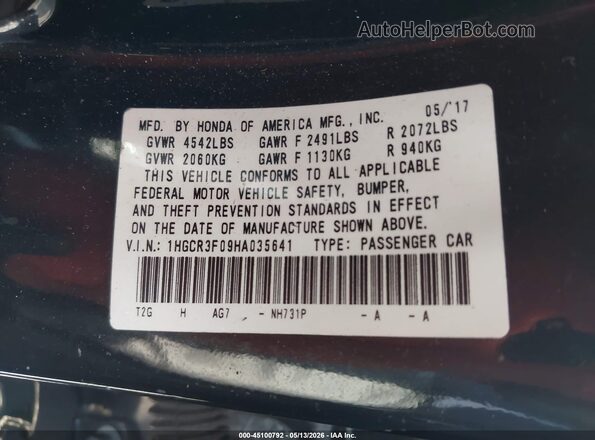 1HGCR3F09HA035641 2017 HONDA ACCORD Black Vista del compartimento del motor