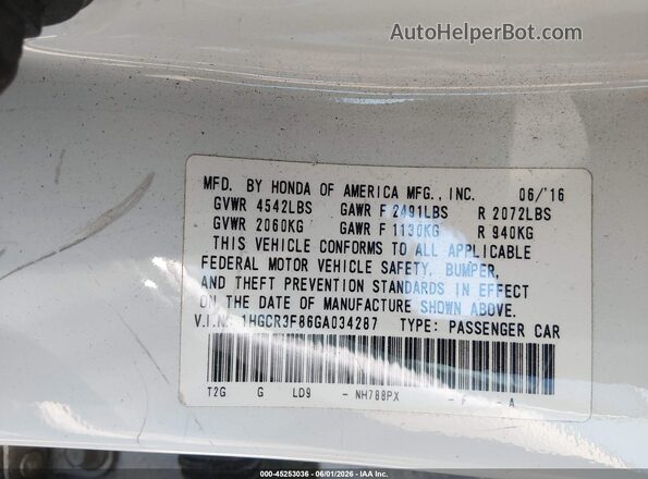 1HGCR3F86GA034287 2016 HONDA ACCORD White Widok komory silnika