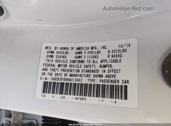 1HGCR3F89HA013452 2017 HONDA ACCORD Белый 