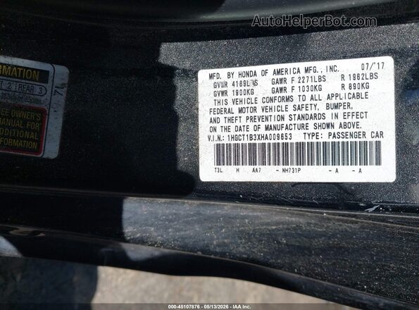 1HGCT1B3XHA009653 2017 HONDA ACCORD Black Vista del compartimento del motor